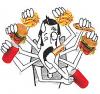 Ilustração de uma pessoa com muitos mãos segurando sanduíches, sacos de batata frita e copos de refrigerante